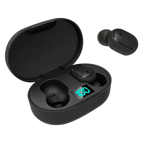 Auriculares Bluetooth E6S color negro con estuche de carga compacto